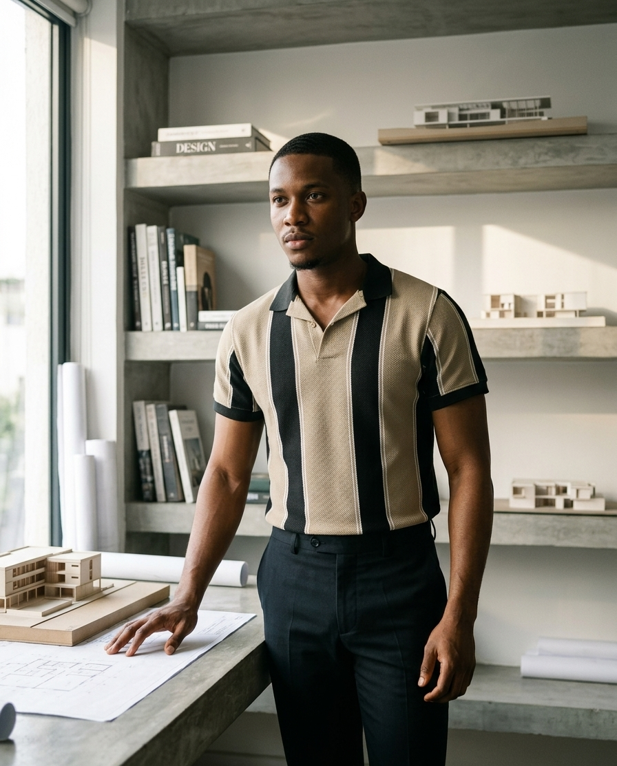 Beige & Black Striped Polo
